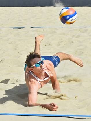 Jakub Sepka of Czech Republic in action during the match between Ondrej Perusic and Jakub Sepka of Czech Republic and David Vyoral and Simon Tuma of Czech Republic at the World Beach volleyball, Beachvolleyball Pro Tour, category Futures, on August 28, 2026, in Brno, Czech Republic. (CTKxPhoto PatrikxUhlir) CTKPhotoP2026082805149  CTKPhotoP2026082805149