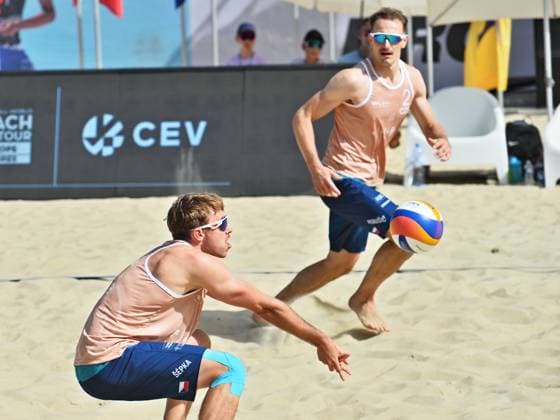 From left Jakub Sepka and Ondrej Perusic of Czech Republic in action during the match against David Vyoral and Simon Tuma of Czech Republic at the World Beach volleyball, Beachvolleyball Pro Tour, category Futures, on August 28, 2026, in Brno, Czech Republic. (CTKxPhoto PatrikxUhlir) CTKPhotoP2026082805163  CTKPhotoP2026082805163
