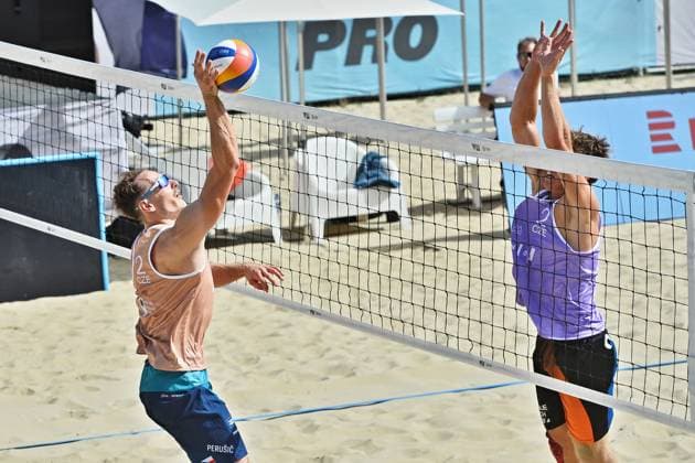From left Ondrej Perusic of Czech Republic and Simon Tuma of Czech Republic in action during the match between Ondrej Perusic and Jakub Sepka of Czech Republic and David Vyoral and Simon Tuma of Czech Republic at the World Beach volleyball, Beachvolleyball Pro Tour, category Futures, on August 28, 2026, in Brno, Czech Republic. (CTKxPhoto PatrikxUhlir) CTKPhotoP2026082805190  CTKPhotoP2026082805190