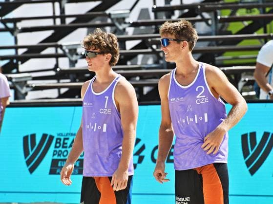 From left David Vyoral and Simon Tuma of Czech Republic during the match against Ondrej Perusic and Jakub Sepka of Czech Republic at the World Beach volleyball, Beachvolleyball Pro Tour, category Futures, on August 28, 2026, in Brno, Czech Republic. (CTKxPhoto PatrikxUhlir) CTKPhotoP2026082805325  CTKPhotoP2026082805325