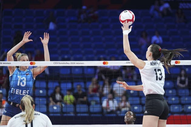 Slovenia v Hungary - CEV EuroVolley 2026 ISTANBUL, TURKIYE - AUGUST 28: Nika Milosic (13) of Slovenia in action against Anett Nemeth (13) of Hungary during the CEV EuroVolley 2026 Women Group A match between Slovenia and Hungary at Sinan Erdem Dome in Istanbul, Turkiye on August 28, 2026. Bunyamin Celik Anadolu Istanbul Turkey. Editorial use only. Please get in touch for any other usage.  Copyright: x2026xAnadoluxBunyaminxCelikx