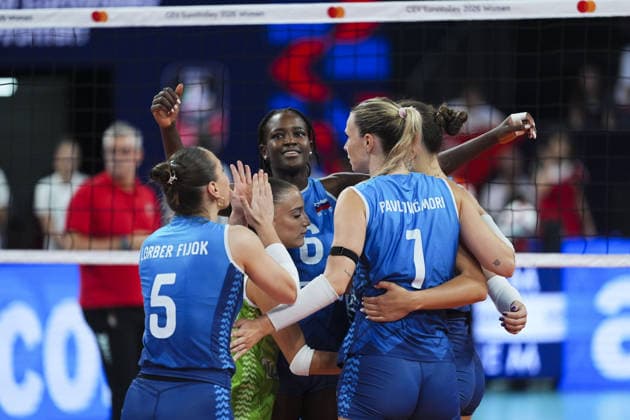 Slovenia v Hungary - CEV EuroVolley 2026 ISTANBUL, TURKIYE - AUGUST 28: Players of Slovenia celebrate after a point during the CEV EuroVolley 2026 Women Group A match between Slovenia and Hungary at Sinan Erdem Dome in Istanbul, Turkiye on August 28, 2026. Bunyamin Celik Anadolu Istanbul Turkey. Editorial use only. Please get in touch for any other usage.  Copyright: x2026xAnadoluxBunyaminxCelikx