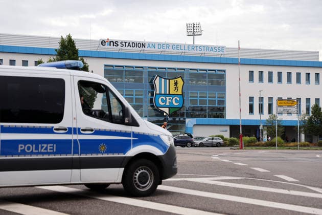 Police patrol car near the eins Stadium on Gellertstrasse in Chemnitz, Chemnitzer FC vs. Carl Zeiss Jena, Matchday 7, 2026–27 Northeast Regional Soccer League, eins Stadium on Gellertstrasse in Chemnitz, Saxony, Germany, August 28, 2026, high-risk match