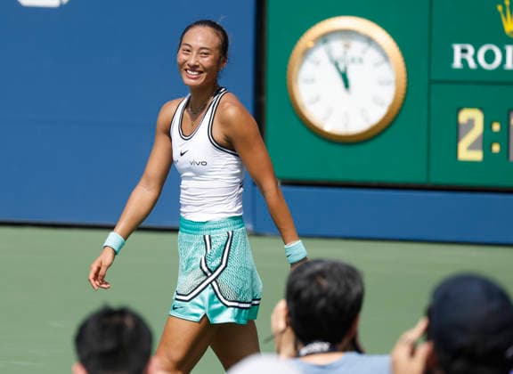 Qinwen Zheng of China celebrates after match point defeating Elena Pridankina in straight sets in their qualifying final match at the 2026 US Open Tennis Championship at the USTA Billie Jean King National Tennis Center in New York City on Friday, August 28, 2026.  NYP20260828121 JOHNxANGELILLO