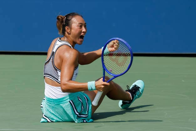 Qinwen Zheng of China celebrates after match point defeating Elena Pridankina in straight sets in their qualifying final match at the 2026 US Open Tennis Championship at the USTA Billie Jean King National Tennis Center in New York City on Friday, August 28, 2026.  NYP20260828123 JOHNxANGELILLO