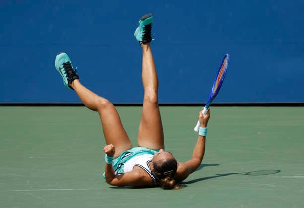 Qinwen Zheng of China celebrates after match point defeating Elena Pridankina in straight sets in their qualifying final match at the 2026 US Open Tennis Championship at the USTA Billie Jean King National Tennis Center in New York City on Friday, August 28, 2026.  NYP20260828125 JOHNxANGELILLO