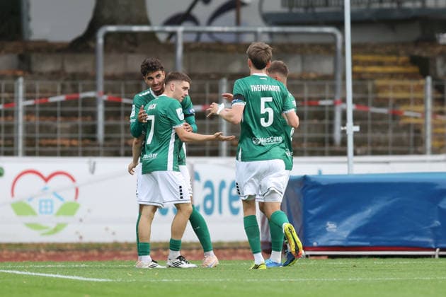 August 28, 2026, Men s Soccer, 2026–2027 Season, Bavarian Regional League, Matchday 6: 1 FC Schweinfurt 1905 vs. SpVgg Greuther Fürth II. Celebrations after Philipp Hack s 1–0 goal in the 7th minute, 1 FC Schweinfurt 1905, with Berkay Öztürk 40, 1 FC Schweinfurt 1905, Johannes Theinhardt 5, 1 FC Schweinfurt 1905 and Gil Ebner 8, 1 FC Schweinfurt 1905, Schweinfurt, Sachs Stadium, Bavaria, Germany