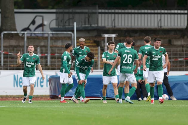 August 28, 2026, Men s Soccer, 2026–2027 Season, Bavarian Regional League, Matchday 6: 1 FC Schweinfurt 1905 vs. SpVgg Greuther Fürth II. Celebrations after Philipp Hack s 1–0 goal in the 7th minute, 1 FC Schweinfurt 1905, left: Schweinfurt Sachs Stadium, Bavaria, Germany