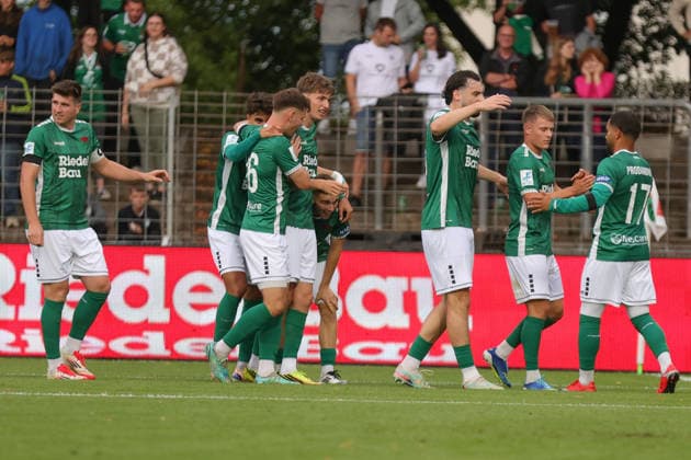 August 28, 2026, Soccer, Men s, 2026–2027 Season, Bavarian Regional League, Matchday 6: FC Schweinfurt 05 vs. SpVgg Greuther Fürth II; Schweinfurt celebrates the 1–0 win thanks to a goal by Philipp Hack, FC Schweinfurt 05, 07 Schweinfurt, Riedel Bau Arena at Sachs Stadium, Bavaria, Lower Franconia, Germany