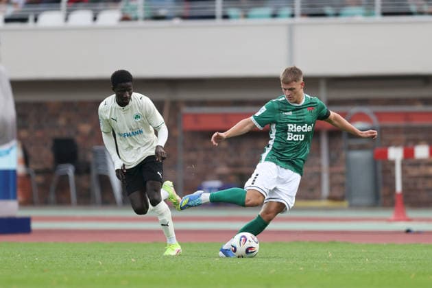 August 28, 2026, Men s, Soccer, 2026–2027 Season, Bavarian Regional League, Matchday 6: 1 FC Schweinfurt 1905 vs. SpVgg Greuther Fürth II—Pepe Pereira Mendes (21), SpVgg Greuther Fürth II, and Gil Ebner (8), 1 FC Schweinfurt 1905, Schweinfurt, Sachs Stadium, Bavaria, Germany