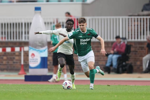 August 28, 2026, Men s, Soccer, 2026–2027 season, Bavarian Regional League, Matchday 6: 1 FC Schweinfurt 1905 vs. SpVgg Greuther Fürth II—Pepe Pereira Mendes (21), SpVgg Greuther Fürth II, and Nicolas Pfarr (26), 1 FC Schweinfurt 1905, Sachs Stadium, Schweinfurt, Bavaria, Germany