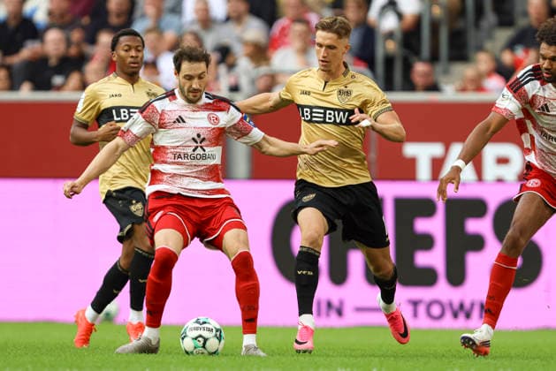 Marcel Benger of Fortuna Düsseldorf and Oliver Roelke of VfB Stuttgart II battle for the ball during the 3. Liga match between Fortuna Düsseldorf and VfB Stuttgart II at the Merkur Spiel Arena on August 28, 2026, in Düsseldorf, Germany. Photo by Oliver Kaelke, DeFodi Images. Marcel Benger of Fortuna Düsseldorf and Oliver Roelke of VfB Stuttgart II battle for the ball during the 3. Liga match between Fortuna Düsseldorf and VfB Stuttgart II at Merkur Spiel Arena on August 28, 2026 in Düsseldorf, Germany. Photo by Oliver Kaelke, DeFodi Images. DFB and DFL regulations prohibit any use of photographs as image sequences and or quasi-video. Photo by Oliver Kaelke, DeFodi Images.