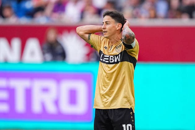 August 28, 2026, xydrx, Soccer, 3rd Division, Fortuna Düsseldorf vs. VfB Stuttgart II, 2026–2027 season, Merkur Spiel Arena: Nicolas Sessa of VfB Stuttgart II is frustrated over a missed opportunity. DFB regulations prohibit any use of photographs as image sequences and or quasi-video. Copyright: HMBxMedia YannisxDreimann