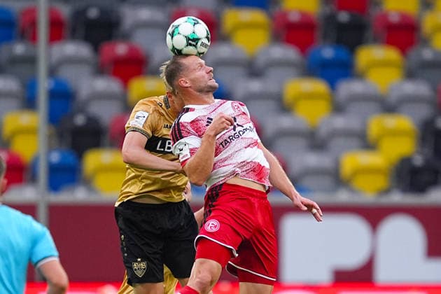 August 28, 2026, xydrx, Soccer, 3rd Division, Fortuna Düsseldorf vs. VfB Stuttgart II, 2026–2027 season, Merkur Spiel Arena, Maximilian Herwerth, VfB Stuttgart II, No. 4 in a tackle against Eric Hottmann, Fortuna Düsseldorf, 9. DFB regulations prohibit any use of photographs as image sequences and or quasi-video. Copyright: HMBxMedia YannisxDreimann