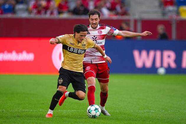August 28, 2026, xydrx, Soccer, 3rd Division, Fortuna Düsseldorf vs. VfB Stuttgart II, 2026–2027 season, Merkur Spiel Arena, David Preu (VfB Stuttgart II), No. 37 in a tackle against Marcel Benger (Fortuna Düsseldorf), No. 16. DFB regulations prohibit any use of photographs as image sequences and or quasi-video. Copyright: HMBxMedia YannisxDreimann