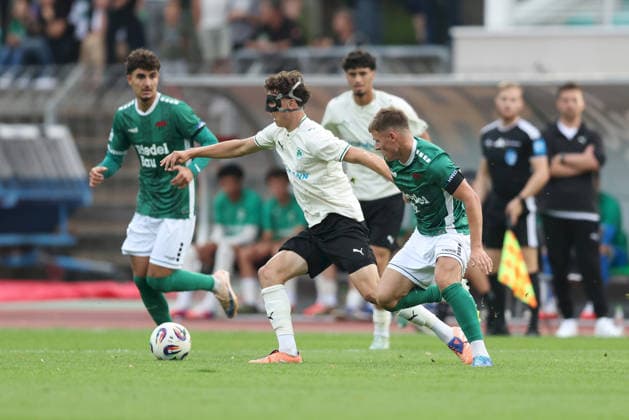 August 28, 2026, Men s, Soccer, 2026–2027 season, Bavarian Regional League, Matchday 6: 1 FC Schweinfurt 1905 vs. SpVgg Greuther Fürth II—Jakob Engel (35), SpVgg Greuther Fürth II, and Gil Ebner (8), 1 FC Schweinfurt 1905, Schweinfurt, Sachs Stadium, Bavaria, Germany
