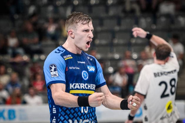 Simone Mengon, TVB Stuttgart, 15 celebrations, cheers, joy, shouts of joy after a goal (GER), TVB Stuttgart vs. Bergischer HC, Opel HBL, handball, Bundesliga, Matchday 1, 2026–2027 season, August 28, 2026 GER, TVB Stuttgart vs. Bergischer HC, Opel HBL, Handball, Bundesliga, Matchday 1, 2026–2027 season, August 28, 2026 Stuttgart Copyright: xSandyxDinkelackerx EP_SDR