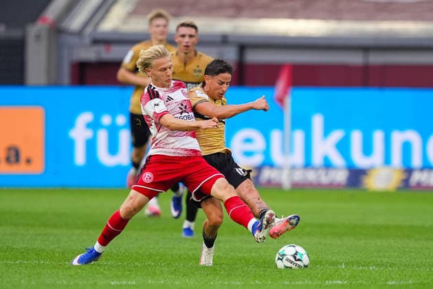 August 28, 2026, xydrx, Soccer, 3rd Division, Fortuna Düsseldorf vs. VfB Stuttgart II, 2026–2027 season, Merkur Spiel Arena, Andreas Mueller of Fortuna Düsseldorf, No. 6 in a tackle against Nicolas Sessa of VfB Stuttgart II, No. 10. DFB regulations prohibit any use of photographs as image sequences and or quasi-video. Copyright: HMBxMedia YannisxDreimann