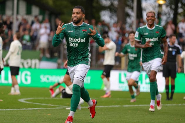 August 28, 2026, Soccer, Men s, 2026–2027 Season, Bavarian Regional League, Matchday 6: FC Schweinfurt 05 vs. SpVgg Greuther Fürth II. Goal scorer: Jason Prodanovic (FC Schweinfurt 05), 17, celebrates his goal to make it 2–0 at the Schweinfurt Riedel Bau Arena in the Sachs Stadium, Bavaria, Lower Franconia, Germany