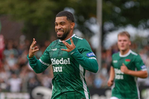 August 28, 2026, Soccer, Men s, 2026–2027 Season, Bavarian Regional League, Matchday 6: FC Schweinfurt 05 vs. SpVgg Greuther Fürth II. Goal scorer: Jason Prodanovic (FC Schweinfurt 05), 17, celebrates his goal to make it 2–0 at the Schweinfurt Riedel Bau Arena in the Sachs Stadium, Bavaria, Lower Franconia, Germany