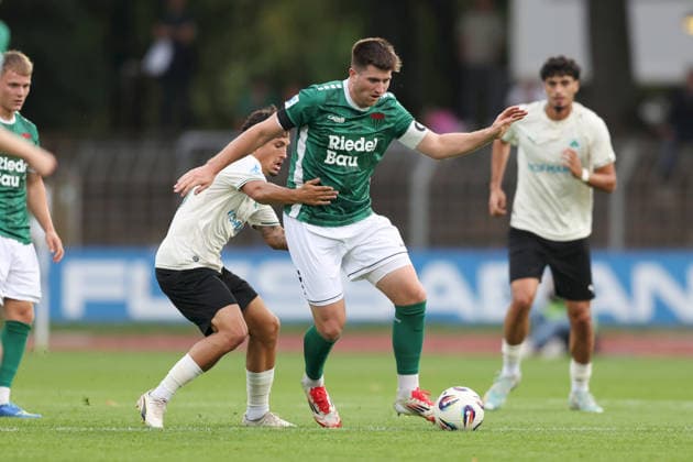 August 28, 2026, Men s, Soccer, 2026–2027 season, Bavarian Regional League, Matchday 6: 1 FC Schweinfurt 1905 vs. SpVgg Greuther Fürth II—Alexander Leuthard (30), SpVgg Greuther Fürth II, and Kevin Fery (15), 1 FC Schweinfurt 1905, Schweinfurt, Sachs Stadium, Bavaria, Germany