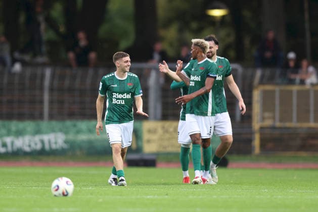 August 28, 2026, Men s Soccer, 2026–2027 Season, Bavarian Regional League, Matchday 6: 1 FC Schweinfurt 1905 vs. SpVgg Greuther Fürth II, Philipp Hack 7, 1 FC Schweinfurt 1905, Michael Dellinger 10, 1 FC Schweinfurt 1905, Goal celebration after the 3–0 win at Sachs Stadium in Schweinfurt, Bavaria, Germany