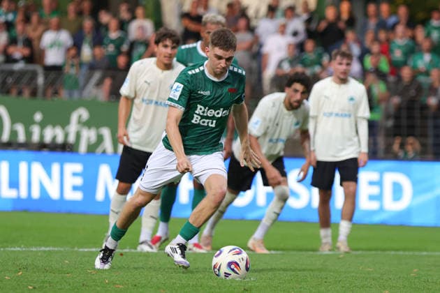 August 28, 2026, Soccer, Men s, 2026–2027 season, Bavarian Regional League, Matchday 6: FC Schweinfurt 05 vs. SpVgg Greuther Fürth II. Philipp Hack of FC Schweinfurt 05 scored on a penalty kick in the 7th minute to make it 3–0. Schweinfurt, Riedel Bau Arena at Sachs Stadium, Bavaria, Lower Franconia, Germany