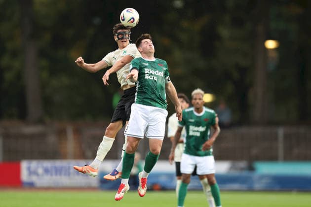 August 28, 2026, Men s, Soccer, 2026–2027 season, Bavarian Regional League, Matchday 6: 1 FC Schweinfurt 1905 vs. SpVgg Greuther Fürth II. Jakob Engel (35), SpVgg Greuther Fürth II, and Kevin Fery (15), 1 FC Schweinfurt 1905, Schweinfurt, Sachs Stadium, Bavaria, Germany