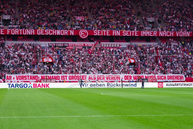August 28, 2026, xydrx, Soccer, 3rd Division, Fortuna Düsseldorf vs. VfB Stuttgart II, 2026–2027 season, Merkur Spiel Arena: Fortuna Düsseldorf fans are using a banner to demand that something change. DFB regulations prohibit any use of photographs as image sequences and or quasi-video. Copyright: HMBxMedia YannisxDreimann