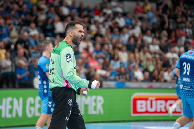 Handball I Men I 2026–2027 Season I Bundesliga I Matchday 1 I TVB Stuttgart vs. Bergischer HC I August 28, 2026 Mohamed El Tayar 12, TVB Stuttgart celebrates at the Stuttgart Porsche Arena, Baden-Württemberg, Germany Copyright: xLobeca MaxxPetershansx