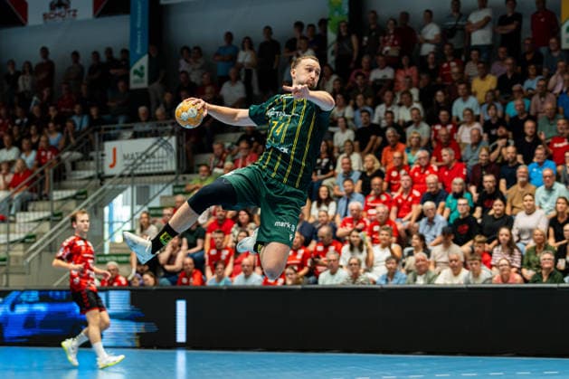 Hamm, Germany, August 28, 2026; 2nd Division Handball League (HBL) 2026–2027, Match 1: ASV Hamm Westfalen vs. VfL Eintracht Hagen. Pictured: Josip Jukic of Hagen taking a shot. WESTPRESS Arena, North Rhine-Westphalia Copyright: xFotostandx xKruczynskix