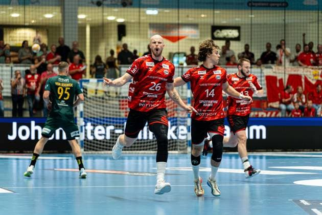 Hamm, Germany, August 28, 2026, 2nd HBL 2026–2027, Matchday 1: ASV Hamm Westfalen vs. VfL Eintracht Hagen. Pictured: Lucas Firnhaber of ASV celebrates after scoring a goal at the WESTPRESS Arena in North Rhine-Westphalia. Copyright: xFotostandx xKruczynskix
