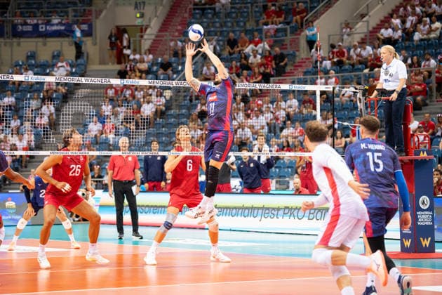 United States V France - XXIII Memorial Of Hubert Jerzy Wagner 2026. Antoine Brizard plays during a volleyball match between the United States and France at the Tauron Arena in Krakow, Poland, on August 28, 2026. The match is part of the XXIII Memorial of Hubert Jerzy Wagner, an International Friendly, Länderspiel, Nationalmannschaft tournament in Cracow. Krakow Poland  Copyright: xMarcinxGolbax originalFilename:golba-unitedst260828_npW2u.jpg