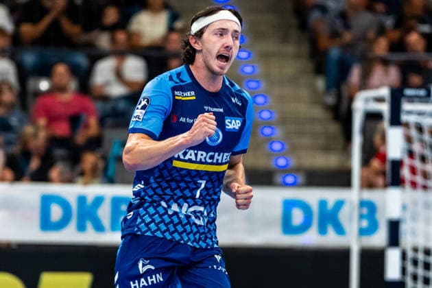 OPEL Handball Bundesliga: TVB Stuttgart vs. Bergischer HC, August 28, 2026, Stuttgart, GERMANY August 28, 2026 Kasper Thorsen Lien TVB Stuttgart, No. 7 celebrating a goal during the match between TVB Stuttgart and Bergischer HC on Matchday 1 of the OPEL Handball Bundesliga at the Porsche Arena Copyright: xBEAUTIFULxSPORTS Steinx