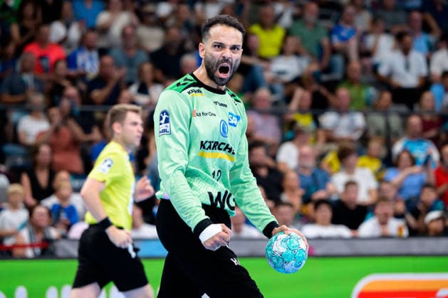 Stuttgart HBL 26 27 TVB Stuttgart Bergischer HC Goalie Mohamed El Tayar Stuttgart Celebration Joy Emotion Bittenfeld Porsche Arena Baden-Württemberg Germany