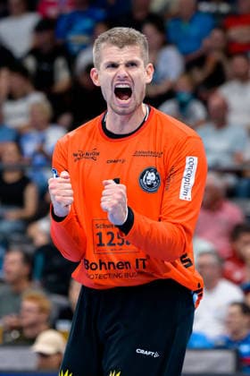 Stuttgart HBL 26 27 TVB Stuttgart Bergischer HC Goalkeeper Christopher Rudeck Bergischer HC Celebration Joy Emotion Bittenfeld Porsche Arena Baden-Württemberg Germany