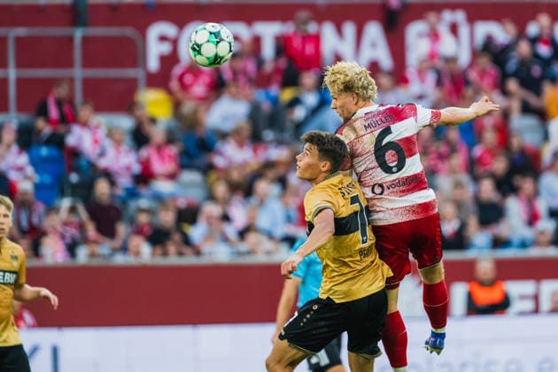 Lauri Penna (VFB Stuttgart II, 07) and Andreas Mueller (Fortuna Düsseldorf, 06) in a header duel during Fortuna Düsseldorf vs. VFB Stuttgart II, soccer, 3rd Division, Matchday 03, 2026–27 season, August 28, 2026, DFL regulations prohibit any use of photographs as image sequences and or quasi-video. Fortuna Düsseldorf vs. VFB Stuttgart II, soccer, 3. Liga, Matchday 3, 2026–27 season, August 28, 2026, Düsseldorf Copyright: xEibner-Pressefoto LukasxBaldygax EP_LBA