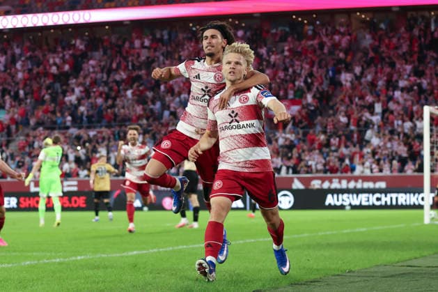 Andreas Mueller of Fortuna Düsseldorf celebrates a goal with his teammates after scoring the 1–0 goal during the 3. Liga match between Fortuna Düsseldorf and VfB Stuttgart II at the Merkur Spiel Arena on August 28, 2026, in Düsseldorf, Germany. Photo by Oliver Kaelke, DeFodi Images. Andreas Mueller of Fortuna Düsseldorf celebrates after scoring his team’s first goal with teammates during the 3. Liga match between Fortuna Düsseldorf and VfB Stuttgart II at the Merkur Spiel Arena on August 28, 2026 in Düsseldorf, Germany. Photo by Oliver Kaelke, DeFodi Images. DFB and DFL regulations prohibit any use of photographs as image sequences and or quasi-video. Photo by Oliver Kaelke, DeFodi Images.