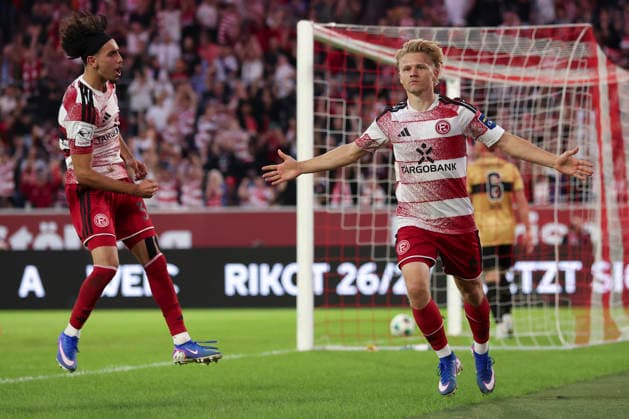 Andreas Mueller of Fortuna Düsseldorf celebrates after scoring his team s first goal, making the score 1–0, during the 3. Liga match between Fortuna Düsseldorf and VfB Stuttgart II at the Merkur Spiel Arena on August 28, 2026, in Düsseldorf, Germany. Photo by Oliver Kaelke, DeFodi Images. Andreas Mueller of Fortuna Düsseldorf celebrates after scoring his team’s first goal during the 3. Liga match between Fortuna Düsseldorf and VfB Stuttgart II at Merkur Spiel Arena on August 28, 2026 in Düsseldorf, Germany. Photo by Oliver Kaelke, DeFodi Images. DFB and DFL regulations prohibit any use of photographs as image sequences and or quasi-video. Photo by Oliver Kaelke, DeFodi Images.