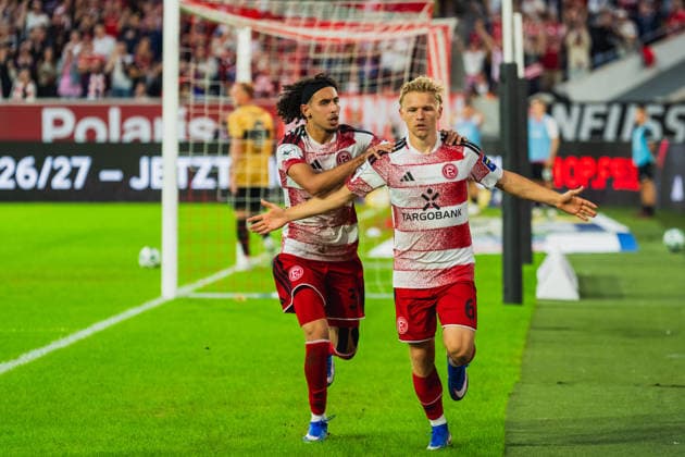 Anas Slimani, Fortuna Düsseldorf, 34, and Andreas Mueller, Fortuna Düsseldorf, 06, goal scorers celebrate Fortuna Düsseldorf’s 1–0 lead. Fortuna Düsseldorf vs. VFB Stuttgart II, soccer, 3rd Division, Matchday 3, 2026–27 season, August 28, 2026, DFL regulations prohibit any use of photographs as image sequences and or quasi-video. Fortuna Düsseldorf vs. VFB Stuttgart II, soccer, 3. Liga, Matchday 3, 2026–27 season, August 28, 2026, Düsseldorf Copyright: xEibner-Pressefoto LukasxBaldygax EP_LBA