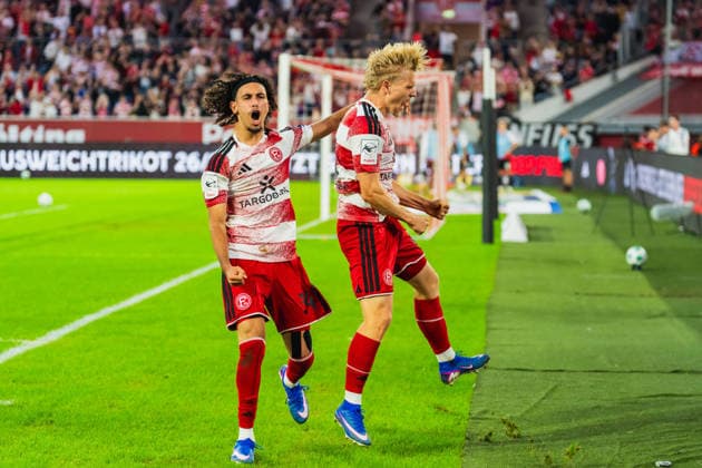Anas Slimani, Fortuna Düsseldorf, 34, and Andreas Mueller, Fortuna Düsseldorf, 06, goal scorers celebrate Fortuna Düsseldorf’s 1–0 lead. Fortuna Düsseldorf vs. VFB Stuttgart II, soccer, 3rd Division, Matchday 3, 2026–27 season, August 28, 2026, DFL regulations prohibit any use of photographs as image sequences and or quasi-video. Fortuna Düsseldorf vs. VFB Stuttgart II, soccer, 3. Liga, Matchday 3, 2026–27 season, August 28, 2026, Düsseldorf Copyright: xEibner-Pressefoto LukasxBaldygax EP_LBA