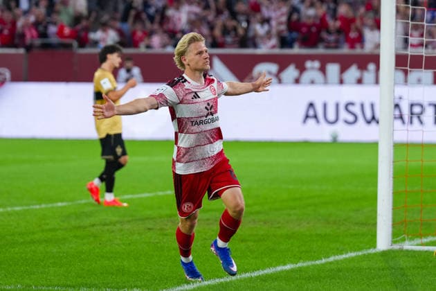 August 28, 2026, xydrx, Soccer, 3rd Division, Fortuna Düsseldorf vs. VfB Stuttgart II, 2026–2027 season, Merkur Spiel Arena: Celebrations after Fortuna Düsseldorf took a 1–0 lead with a goal by Andreas Müller. Fortuna Düsseldorf, 6. DFB regulations prohibit any use of photographs as image sequences and or quasi-video content. Copyright: HMBxMedia YannisxDreimann