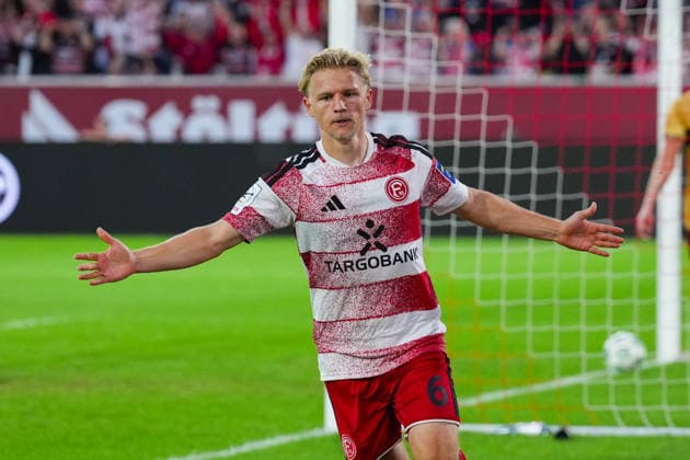 August 28, 2026, xydrx, Soccer, 3rd Division, Fortuna Düsseldorf vs. VfB Stuttgart II, 2026–2027 season, Merkur Spiel Arena: Celebrations after Fortuna Düsseldorf took a 1–0 lead with a goal by Andreas Müller. Fortuna Düsseldorf, 6. DFB regulations prohibit any use of photographs as image sequences and or quasi-video content. Copyright: HMBxMedia YannisxDreimann