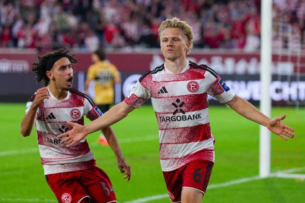August 28, 2026, xydrx, Soccer, 3rd Division, Fortuna Düsseldorf vs. VfB Stuttgart II, 2026–2027 Season, Merkur Spiel Arena: Celebrations after Fortuna Düsseldorf’s 1–0 goal scored by Andreas Mueller (Fortuna Düsseldorf, 6), alongside Anas Slimani (Fortuna Düsseldorf, 34). DFB regulations prohibit any use of photographs as image sequences and or quasi-video. Copyright: HMBxMedia YannisxDreimann