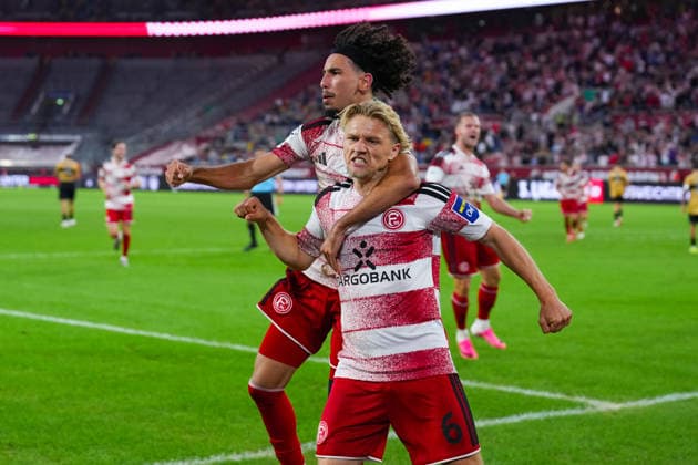 August 28, 2026, xydrx, Soccer, 3rd Division, Fortuna Düsseldorf vs. VfB Stuttgart II, 2026–2027 Season, Merkur Spiel Arena: Celebrations after Fortuna Düsseldorf’s 1–0 goal scored by Andreas Mueller (Fortuna Düsseldorf, 6), alongside Anas Slimani (Fortuna Düsseldorf, 34). DFB regulations prohibit any use of photographs as image sequences and or quasi-video. Copyright: HMBxMedia YannisxDreimann