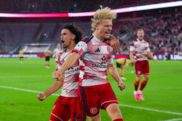 August 28, 2026, xydrx, Soccer, 3rd Division, Fortuna Düsseldorf vs. VfB Stuttgart II, 2026–2027 Season, Merkur Spiel Arena: Celebrations after Fortuna Düsseldorf’s 1–0 goal scored by Andreas Mueller (Fortuna Düsseldorf, 6), alongside Anas Slimani (Fortuna Düsseldorf, 34). DFB regulations prohibit any use of photographs as image sequences and or quasi-video. Copyright: HMBxMedia YannisxDreimann