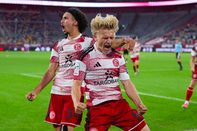 August 28, 2026, xydrx, Soccer, 3rd Division, Fortuna Düsseldorf vs. VfB Stuttgart II, 2026–2027 season, Merkur Spiel Arena: Celebrations after Fortuna Düsseldorf’s 1–0 goal scored by Andreas Mueller (Fortuna Düsseldorf, No. 6), assisted by Anas Slimani (Fortuna Düsseldorf, No. 34). DFB regulations prohibit any use of photographs as image sequences and or quasi-video. Copyright: HMBxMedia YannisxDreimann