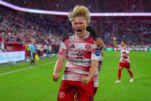 August 28, 2026, xydrx, Soccer, 3rd Division, Fortuna Düsseldorf vs. VfB Stuttgart II, 2026–2027 season, Merkur Spiel Arena: Celebrations after Fortuna Düsseldorf’s 1–0 goal scored by Andreas Mueller (Fortuna Düsseldorf, No. 6), assisted by Anas Slimani (Fortuna Düsseldorf, No. 34). DFB regulations prohibit any use of photographs as image sequences and or quasi-video. Copyright: HMBxMedia YannisxDreimann