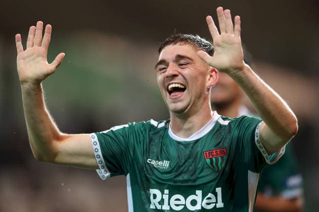 August 28, 2026, Men s Soccer, 2026–2027 Season, Bavarian Regional League, Matchday 6: 1 FC Schweinfurt 1905 vs. SpVgg Greuther Fürth II, Philipp Hack 7, 1 FC Schweinfurt 1905 celebrates the 4–0 victory at Schweinfurt Sachs Stadium, Bavaria, Germany