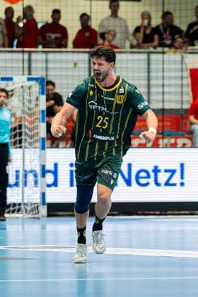 Hamm, Germany, August 28, 2026, 2nd HBL 2026–2027, Match 1: ASV Hamm Westfalen vs. VfL Eintracht Hagen. Pictured: Philip Jungemann of Hagen celebrates after scoring a goal. WESTPRESS Arena, North Rhine-Westphalia Copyright: xFotostandx xKruczynskix